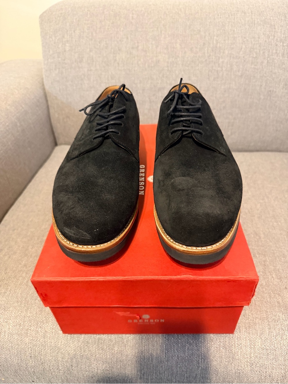 Grenson Black Suede Derby Shoes with Natural Welt